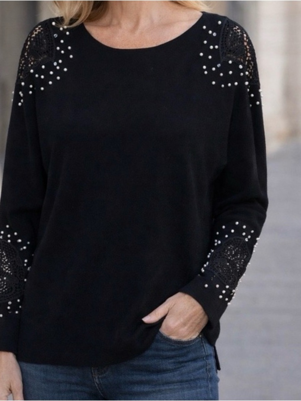 Black Sweater with Pearl and diamond Embellishments Size XL